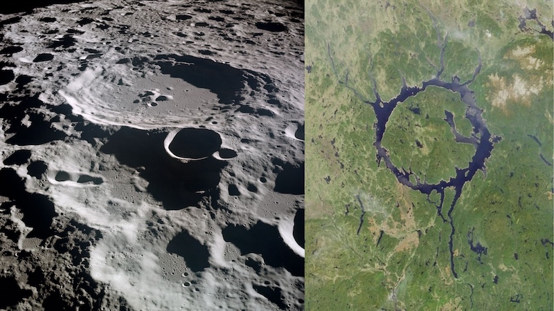 Figure 1: Craters on the far side of the moon (L) and Manicouagan crater in Quebec (R).