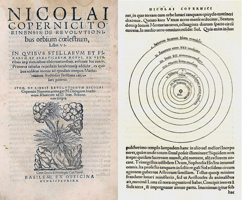 Figure 1: The front cover and an inner page from De Revolutionibus showing Copernicus's hypothesis regarding the revolution of planets around the sun (from the 2nd edition, Basel, 1566).
