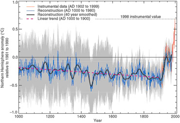 Figure 4: Differences between annual mean temperature and mean temperature during the reference period 1961-1990. Blue line represents data from tree ring, ice core, and coral growth records; orange line represents data measured with modern instruments. 
Graph adapted from Mann et al. published in IPCC Third Assessment Report.
