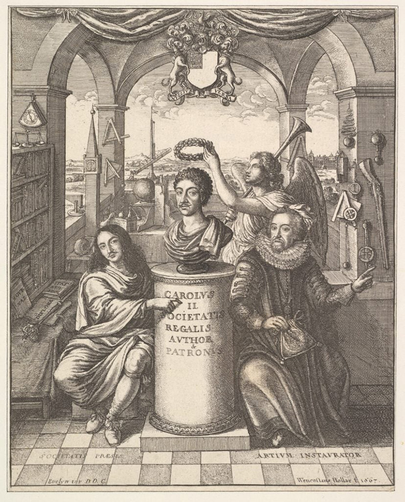 Figure 3: Frontispiece from the 1667 History of the Royal Society by Thomas Sprat. The figure on the right is Francis Bacon; Lord Brouncker, the first president is to the left of the bust of Charles II, the first patron of the society.  Bacon is pointing to Boyle's apparatus for his gas experiments.