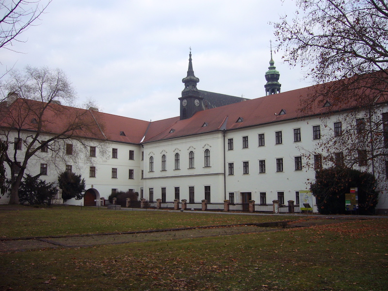 Figure 3: The monastery of St. Thomas at Brno with a picture of Mendel's gardens.