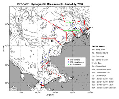 Figure 10: The sampling locations of the ICESCAPE research cruise in the summer of 2010. Land is shown in gray; bathymetric contours show water depth.
