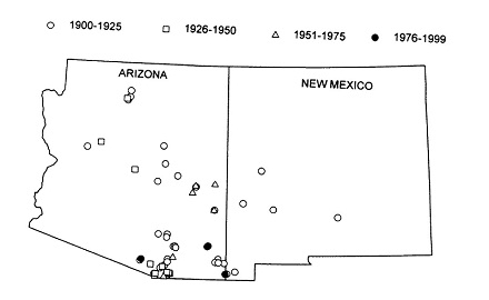 Figure 6: Carlos López-González (Avila's advisor from graduate school) and David E. Brown pieced together hunters' photographs, historical newspaper articles, records from wildlife agencies, specimens in museum collections, and other published accounts to map a century of jaguar sightings in the southwestern US.

Reprinted with permission from: Brown, D. & López-González C. (2000). Notes on the Occurrences of Jaguars in Arizona and New Mexico. The Southwestern Naturalist, 45, 537-542.