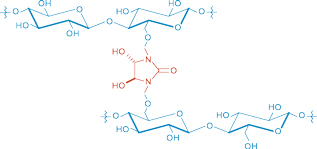 Figure 4: Cross linking of cellulose: Ring-shaped organic compounds replace the weak hydrogen bonds. This prevents the polymer chains from breaking apart.