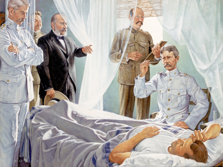 Figure 5: The Conquest of Yellow Fever, from "The History of Medicine" painting by Robert Thom showing yellow fever commission members (Gorgas, Agarmonte, Finlay, Carroll, Kissinger, and Reed) in Cuba.