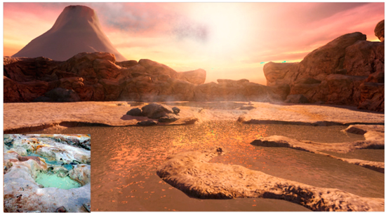 Figure 4: Artist's rendering of ancient hydrothermal pools. The inset picture shows a modern analogue, Bumpass Hell in California. Image from Damer, B. & Deamer, D. (2015). Coupled phases and combinatorial selection in fluctuating hydrothermal pools. Life, 5(1): 872-887.