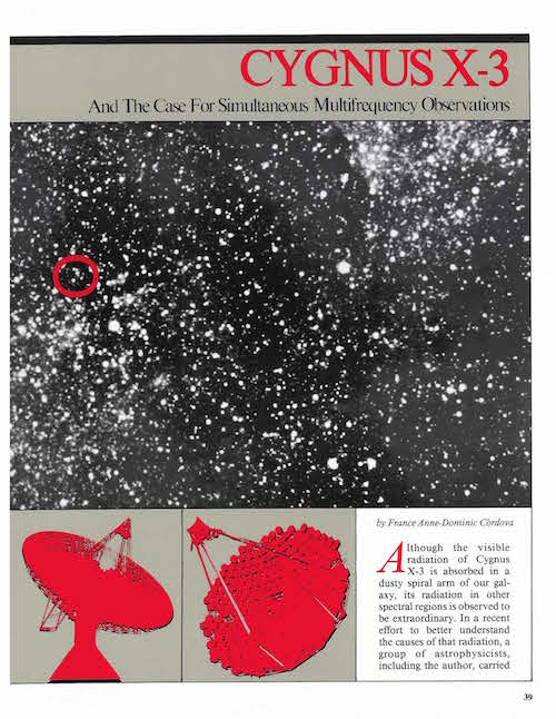 Figure 3: One of the research articles Córdova wrote while at Los Alamos National Laboratory - Córdova, FA. (1986, Spring). Cygnus X-3 and the case for simultaneous multifrequency observations. Los Alamos Science, 13: 39-59.