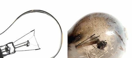 Figure 1: A new, clear light bulb compared with a blackened one. The black coating is from metal atoms that escaped from the bulb’s tungsten filament and condensed on its glass.