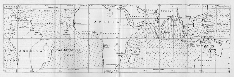 Figure 5: Halley’s map of wind directions included in his 1686 paper in the Philosophical Transactions of the Royal Society of London.