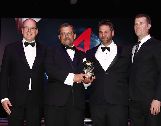 Figure 11: His Serene Highness Prince Albert II of Monaco, left, presented the Camp Monaco Prize to Craig Lee, Gregory Pederson (US Geological Survey), and David McWethy (Montana State University), pictured left to right, on June 30, 2016, in Monte Carlo, Monaco.