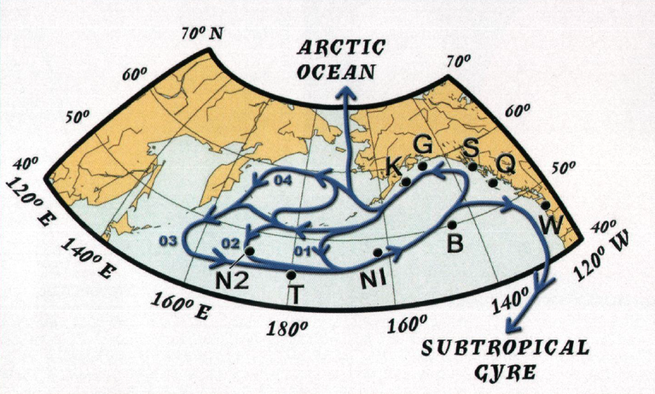 Figure 2: Map showing the locations that toys, shoes, and drift bottles were found, and the roughly circular currents that circulated these items. From Ebbesmeyer et al. 2007. 