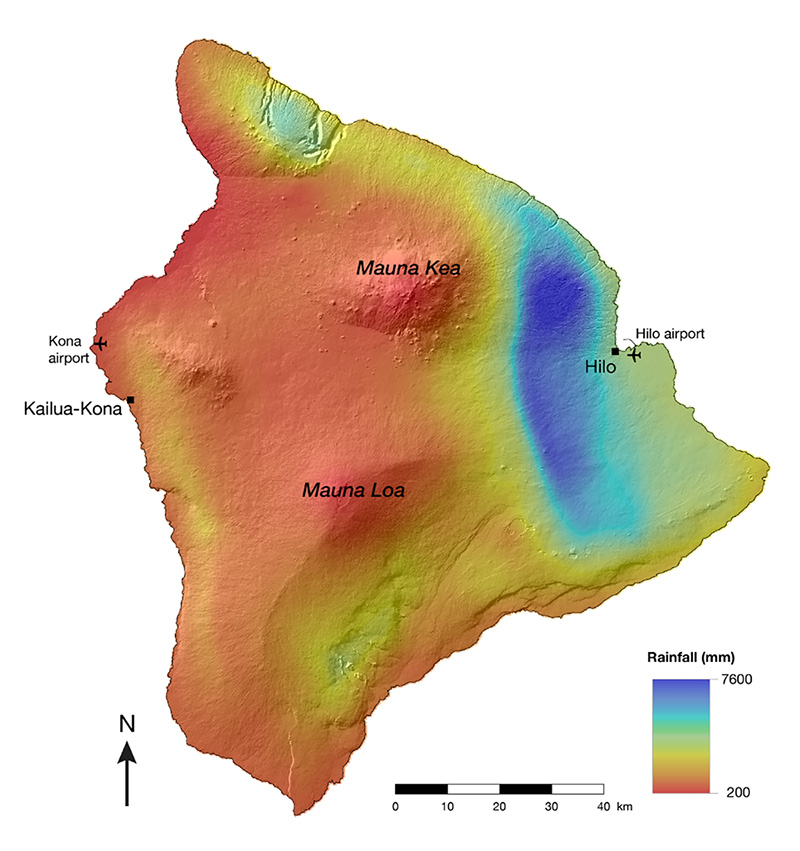 Figure 1: Annual average rainfall in mm/year on the Big Island of Hawai’i. Rainfall data are from The Online Rainfall Atlas of Hawaii.