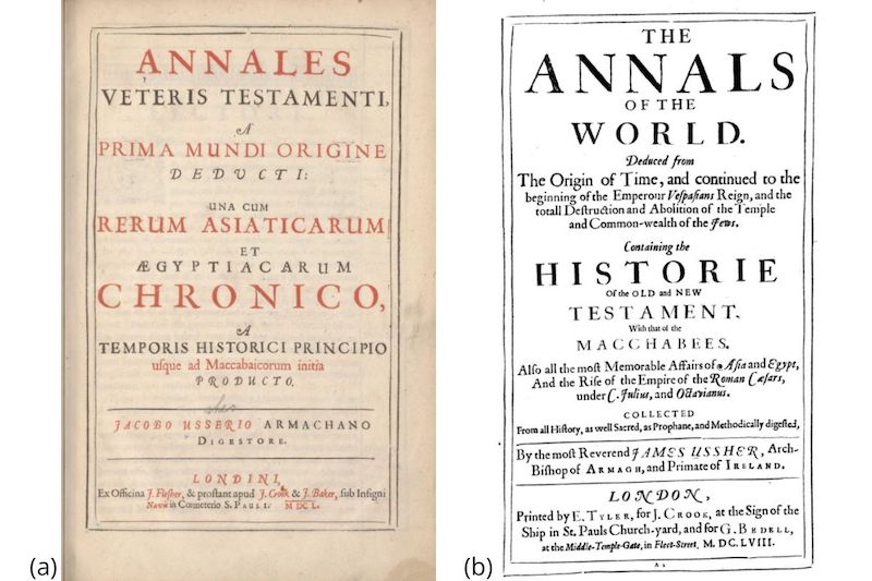 Figure 2: (a) The title page of Ussher’s 1650 book. (b) The title page of the English translation of Ussher’s book, published in 1658.
