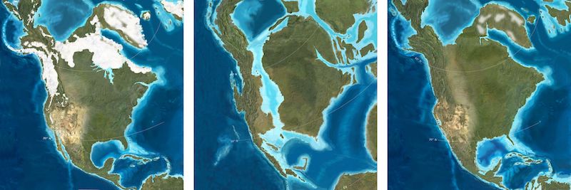 Figure 1: Paleogeographic maps of North America at 2 million years ago (left panel), 20 million years ago (middle panel), and 105 million years ago (right panel). 
