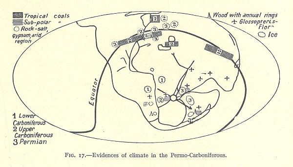 Figure 1: Wegener’s map of paleoclimate data from his 1915 publication, showing the continents joined together and the bands of similar rock types that crossed the oceans (Wegener, 1924).