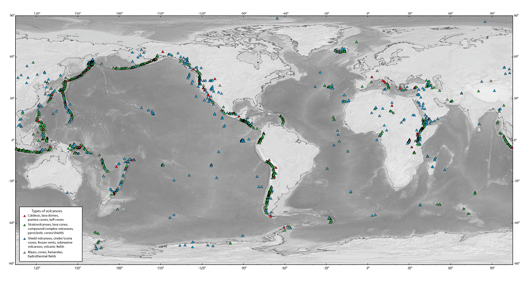 Figure 2. Map showing volcanoes that have been active in the last 10,000 years. Colored triangles indicate different volcano types: Red triangles are primarily calderas; green triangles are stratovolcanoes; blue triangles are shield volcanoes and fissure vents. Data are from the Smithsonian Institution, Global Volcanism Program.